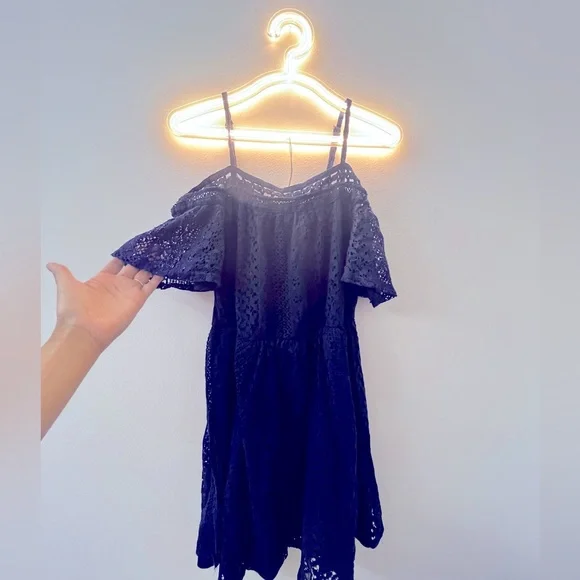 New Boho Navy Blue Floral Lace Cold Shoulder Dress Spring Summer Cute Vacation - Picture 10 of 12